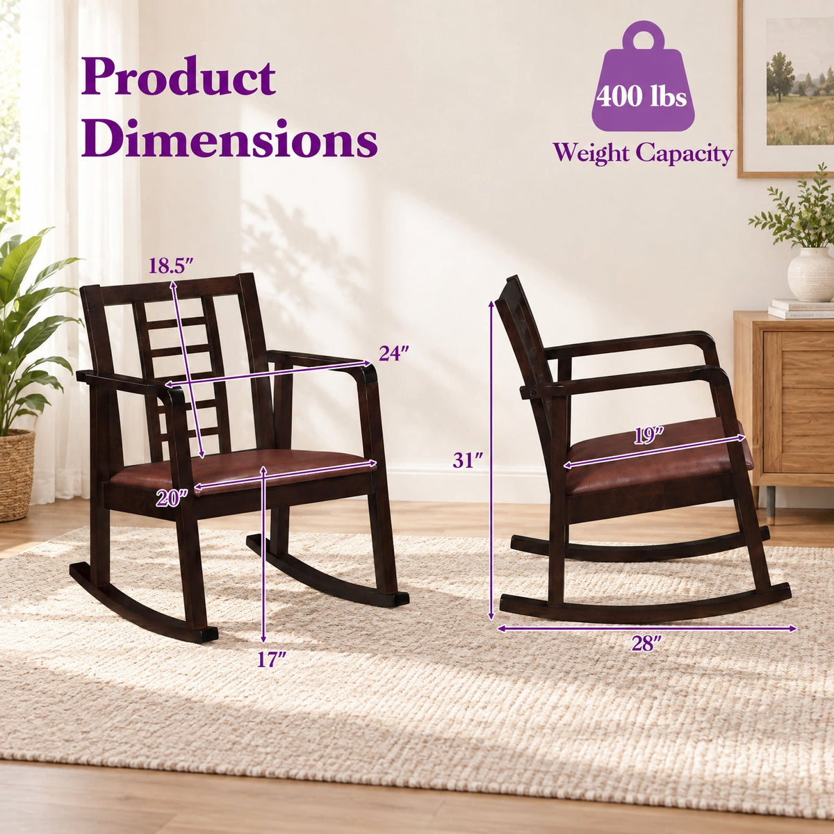 Airfind Wooden Rocking Chair with Upholstered Seat and Ladder Back for Living Room, 400 lbs Capacity, Rubber Wood Faux Leather/Fabric Sponge Frame