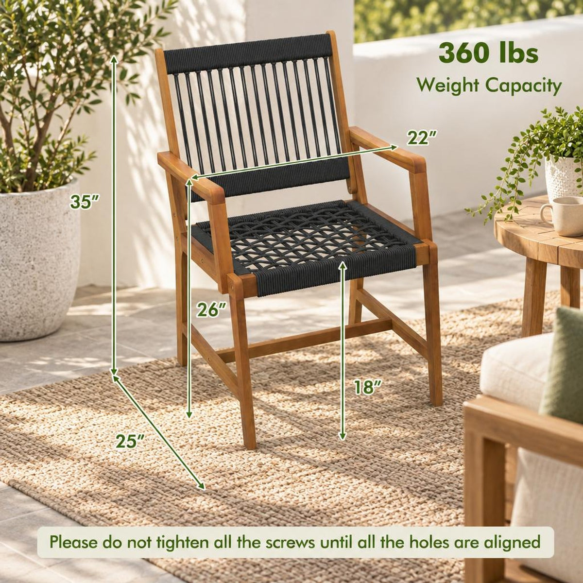 Airfind Set of 2 Patio Acacia Wood Dining Chairs with Armrests for Lawn Yard, Acacia Wood Plastic Rope Frame, Wood