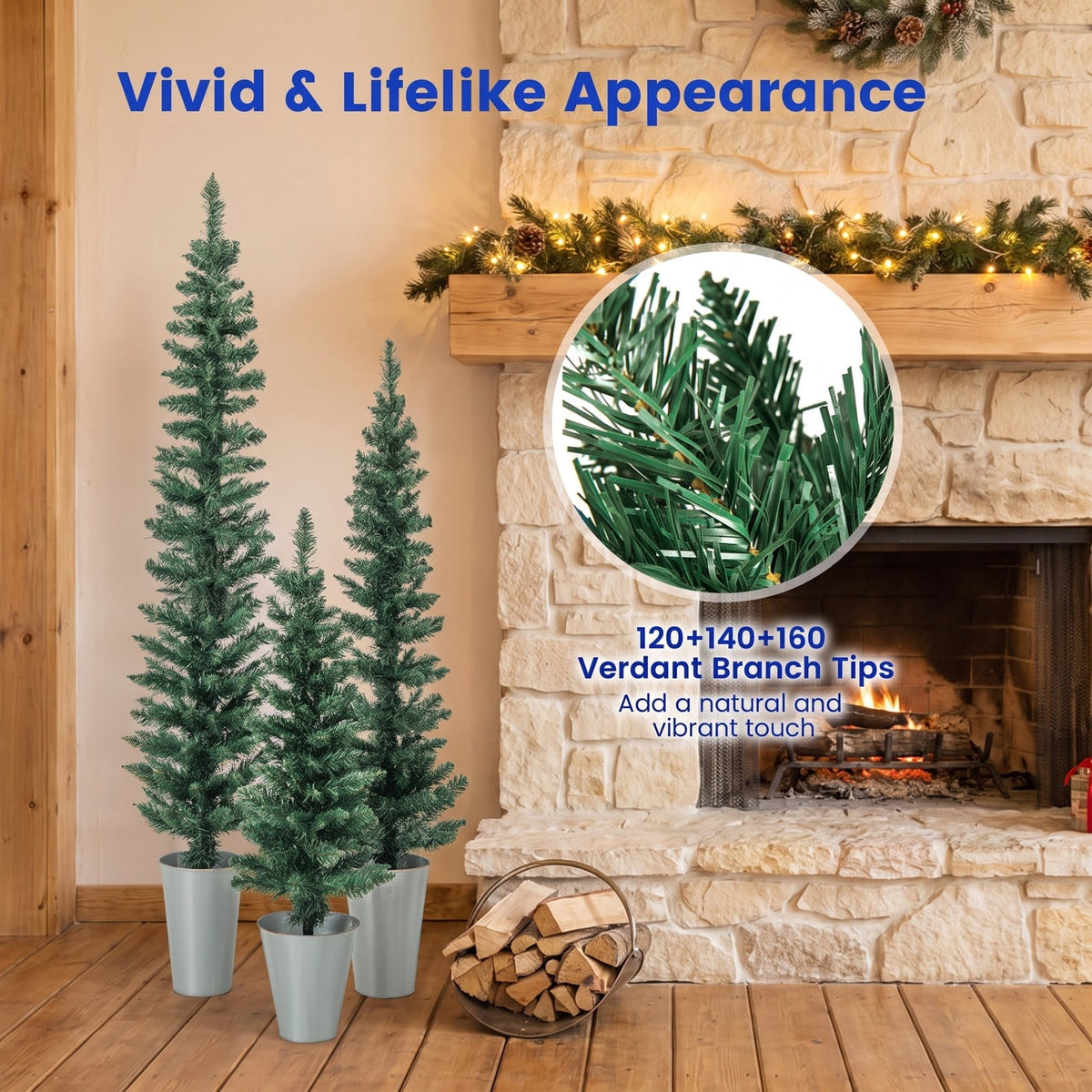 Airfind Set of 3 Potted Artificial Christmas Tree with Silver Metal Buckets, PVC Metal Tree Height 3/4/5 ft Tree Width 1 ft Frame, Silver