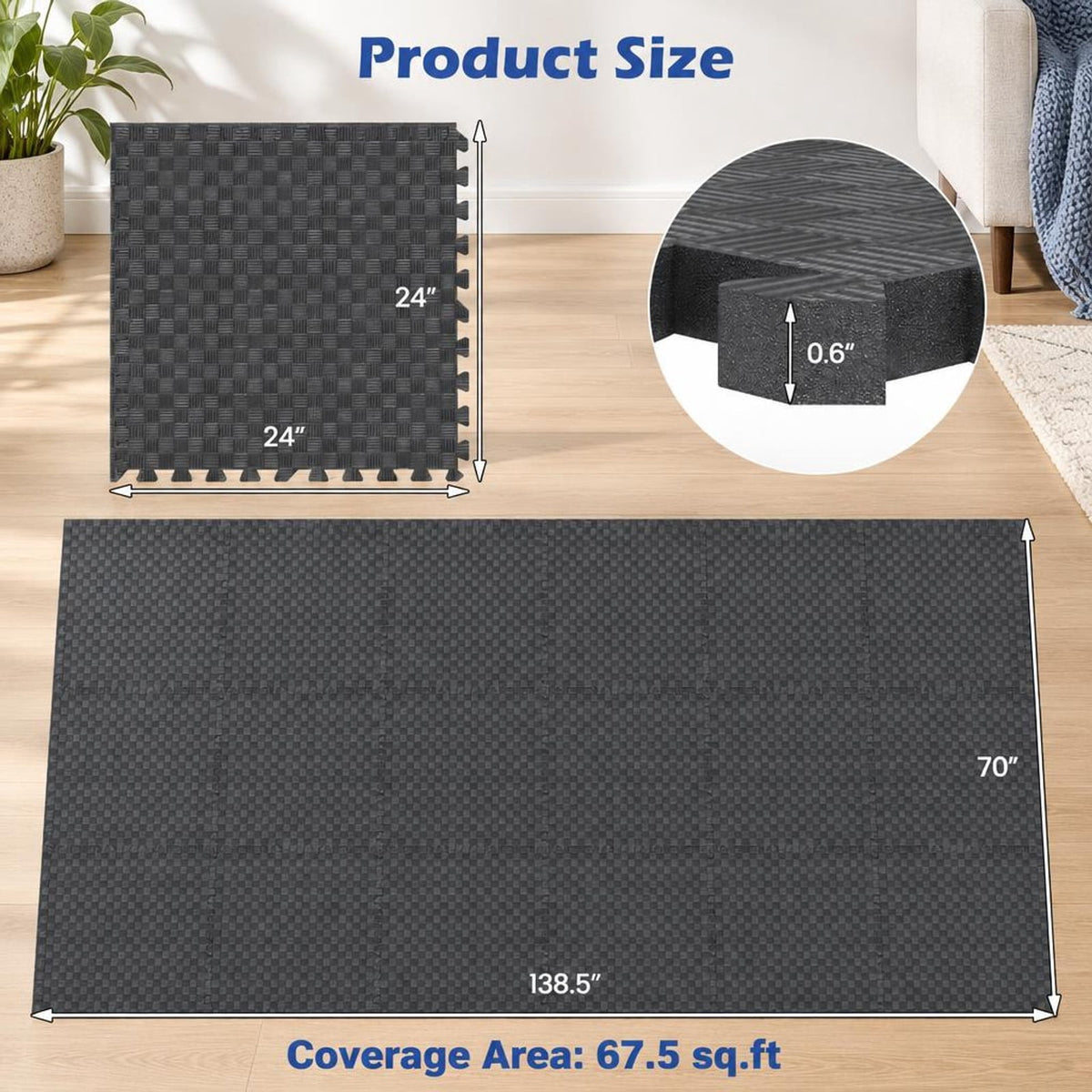 Airfind 18 PCS Puzzle Exercise Mat EVA Foam Interlocking Floor Tiles, Black, Size of Each Piece 24 x 24 x 0.6Net W