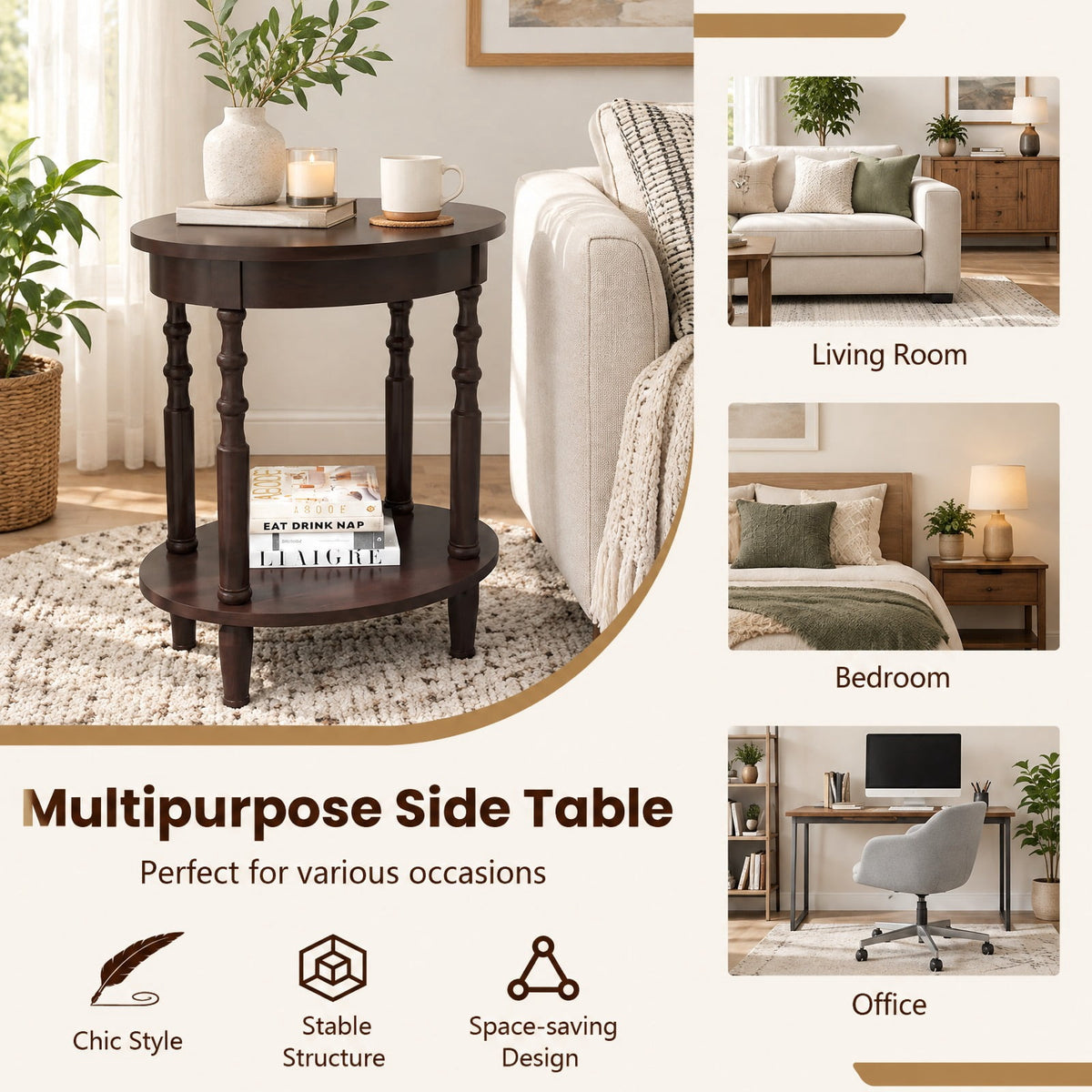 Airfind Side Table, 2-Tier Oval, with Storage Shelf and Solid Wood Legs, 245 lbs Capacity, MDF Rubber Wood Frame, Espresso