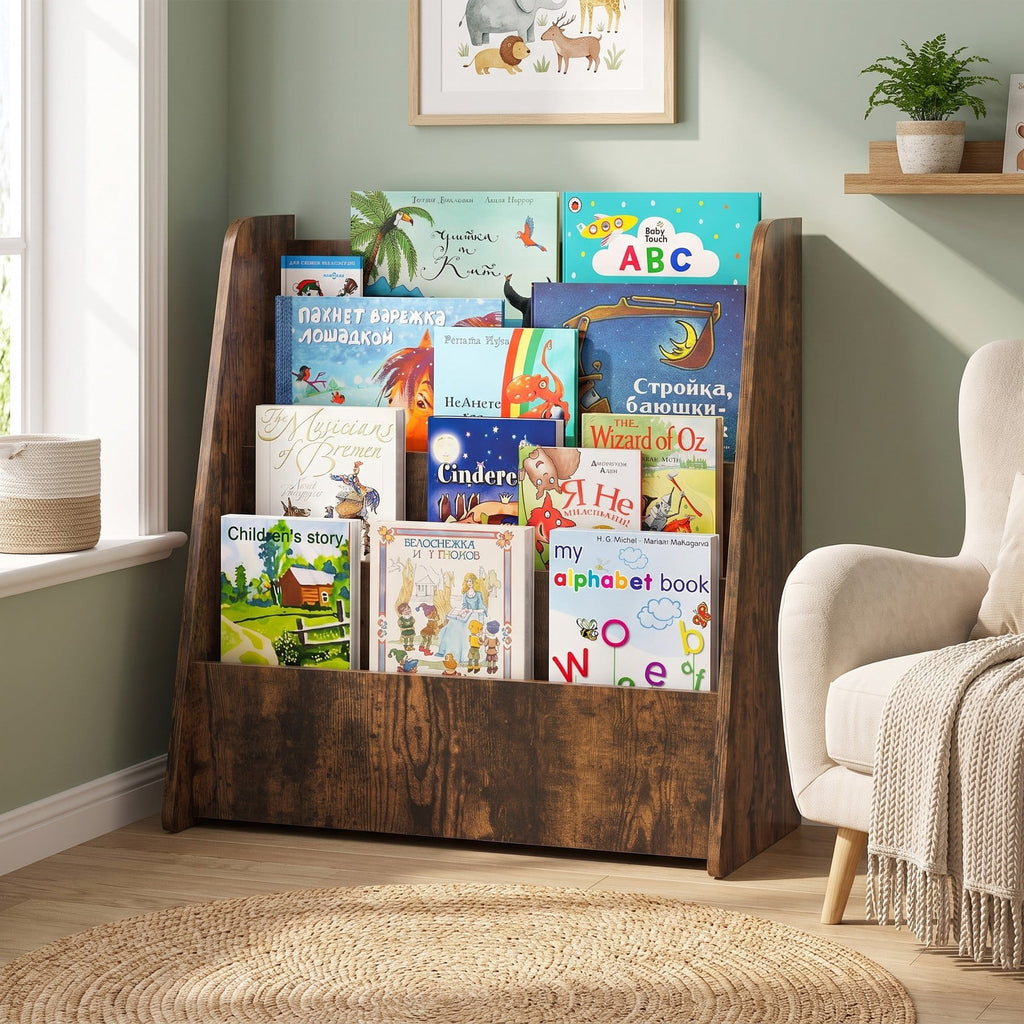Airfind 4-Tier Kids Bookshelf with Deep Compartments for Bedroom, 22.5 x 10.5 x 23 inch Footprint, Brown