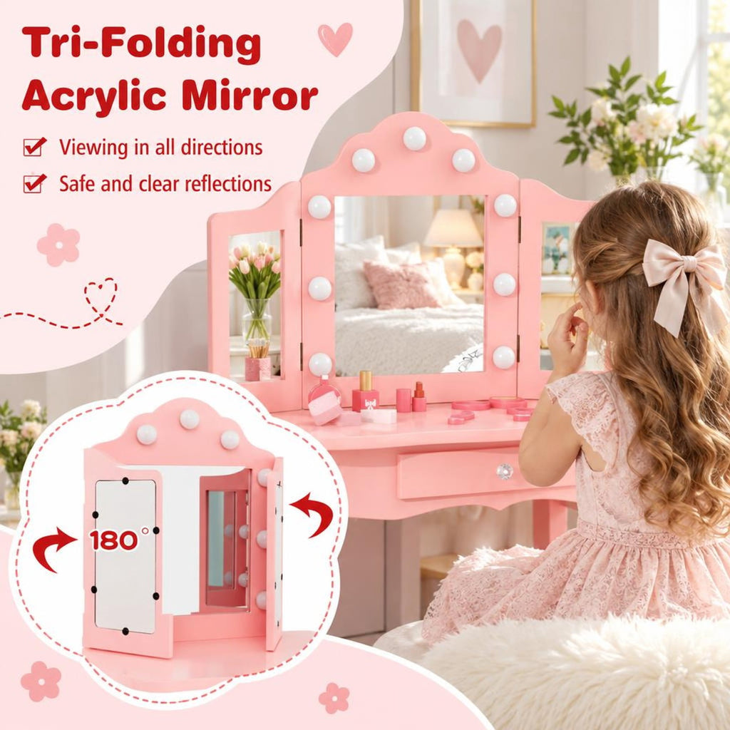 Airfind Kid Vanity Table Stool Set with Tri-Folding Mirror and 3-Color LED Lights, 66 lbs Capacity, P2 MDF Glass Frame, for 3+ Years Old, Pink