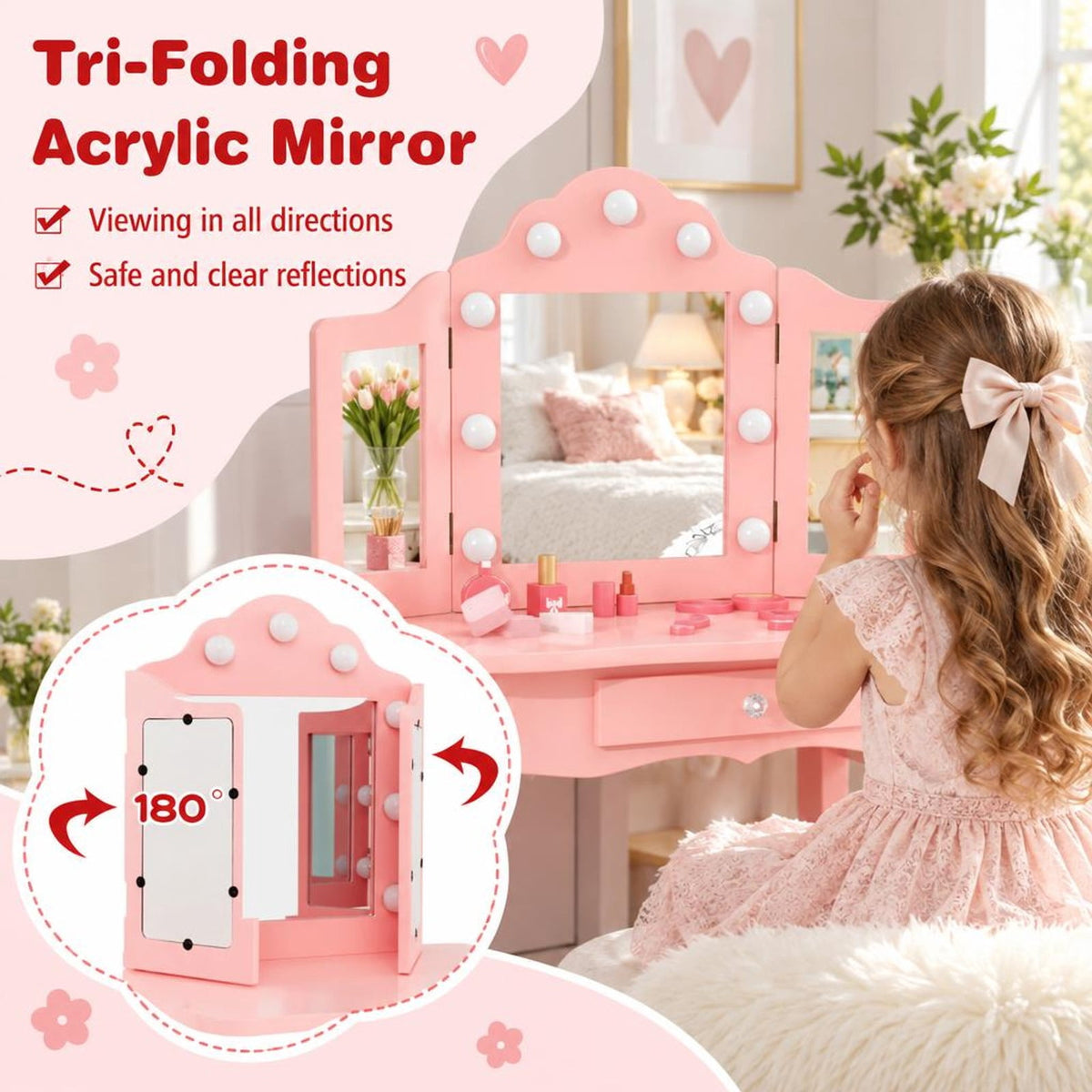 Airfind Kid Vanity Table Stool Set with Tri-Folding Mirror and 3-Color LED Lights, 66 lbs Capacity, P2 MDF Glass Frame, for 3+ Years Old, Pink