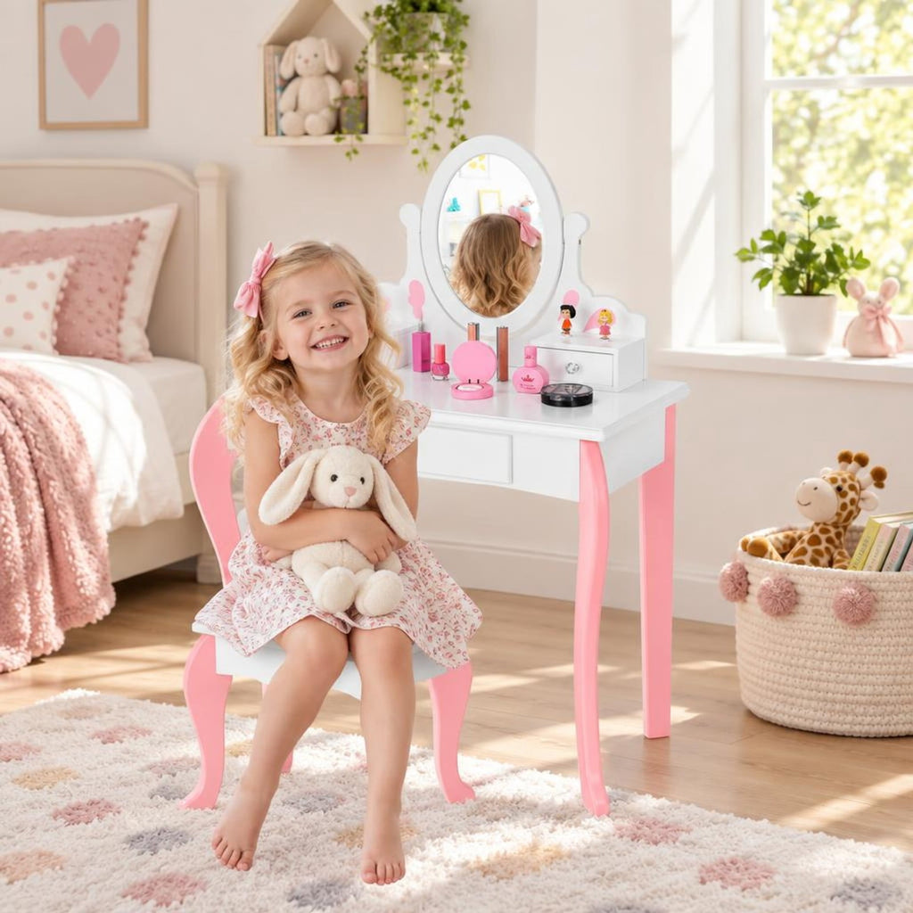 Airfind Kids Vanity Princess Makeup Dressing Table Stool Set with Mirror and Drawer, 44 lbs Capacity, MDF Frame, White