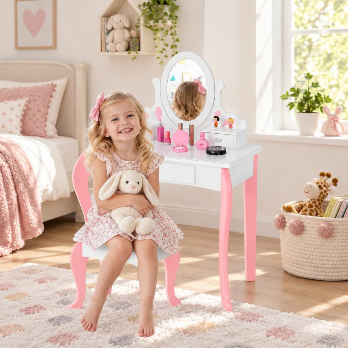 Airfind Kids Vanity Princess Makeup Dressing Table Stool Set with Mirror and Drawer, 44 lbs Capacity, MDF Frame, White