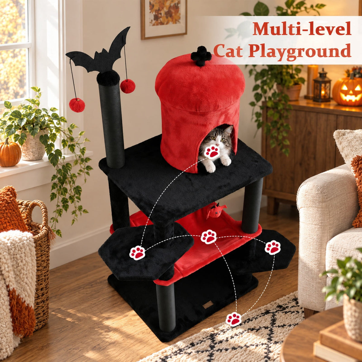 Airfind 51in Gothic Multi-level Cat Tree with Spider Hanging Toy for Black Halloween, 22 lbs Capacity, Red