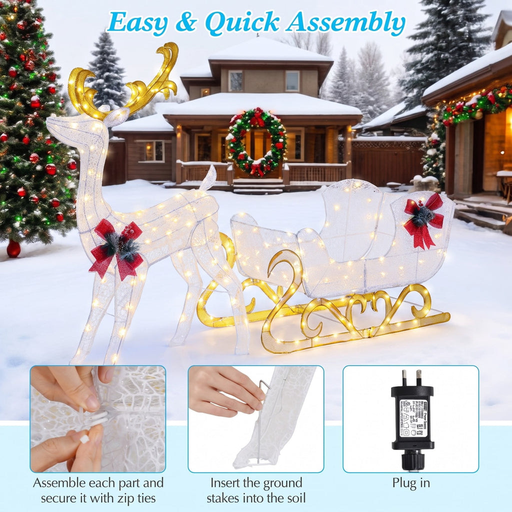 Airfind 6 Feet Christmas Lighted Reindeer and Santas Sleigh Decoration with 4 Stakes, Steel tinsel Frame, 19.5 x 72.5 x 48.5 Footprint, White