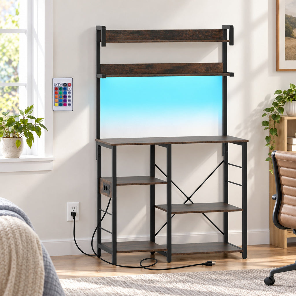 Airfind Kitchen Bakers Rack with Power Outlet 5-Tier Microwave Oven Stand with LED Lights, Top Shelf 4.5 lbs Capacity, Engineered Board Metal Frame