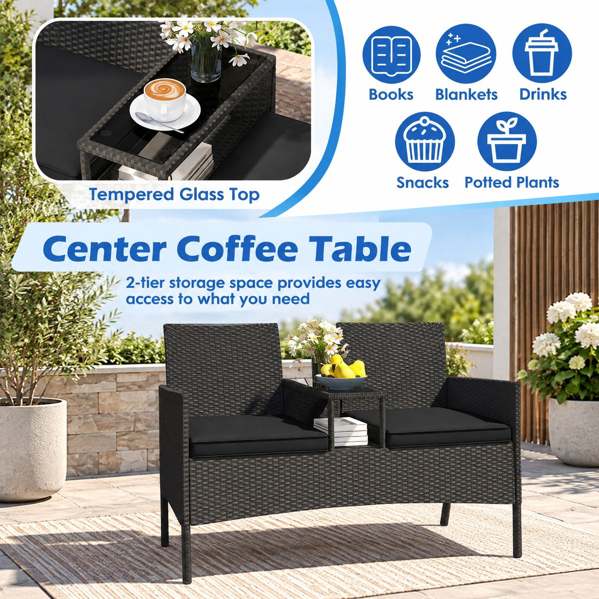 Airfind Patio Loveseat with Built-in Table for Backyard Porch, 400 lbs Capacity, PE Rattan Metal Polyester Sponge Tempered Glass Frame, Black