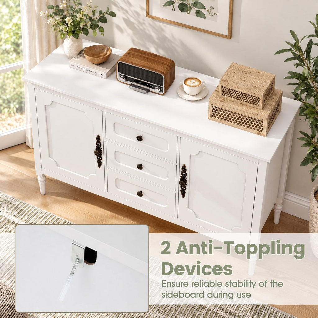 Airfind 47 Inch Vintage Buffet Cabinet with 3 Drawers 2 Cabinets and Adjustable Shelves for Dining Room, 110 Lbs Capacity, 47 Inch X 15.5 Inch X 31.5 Inch, White