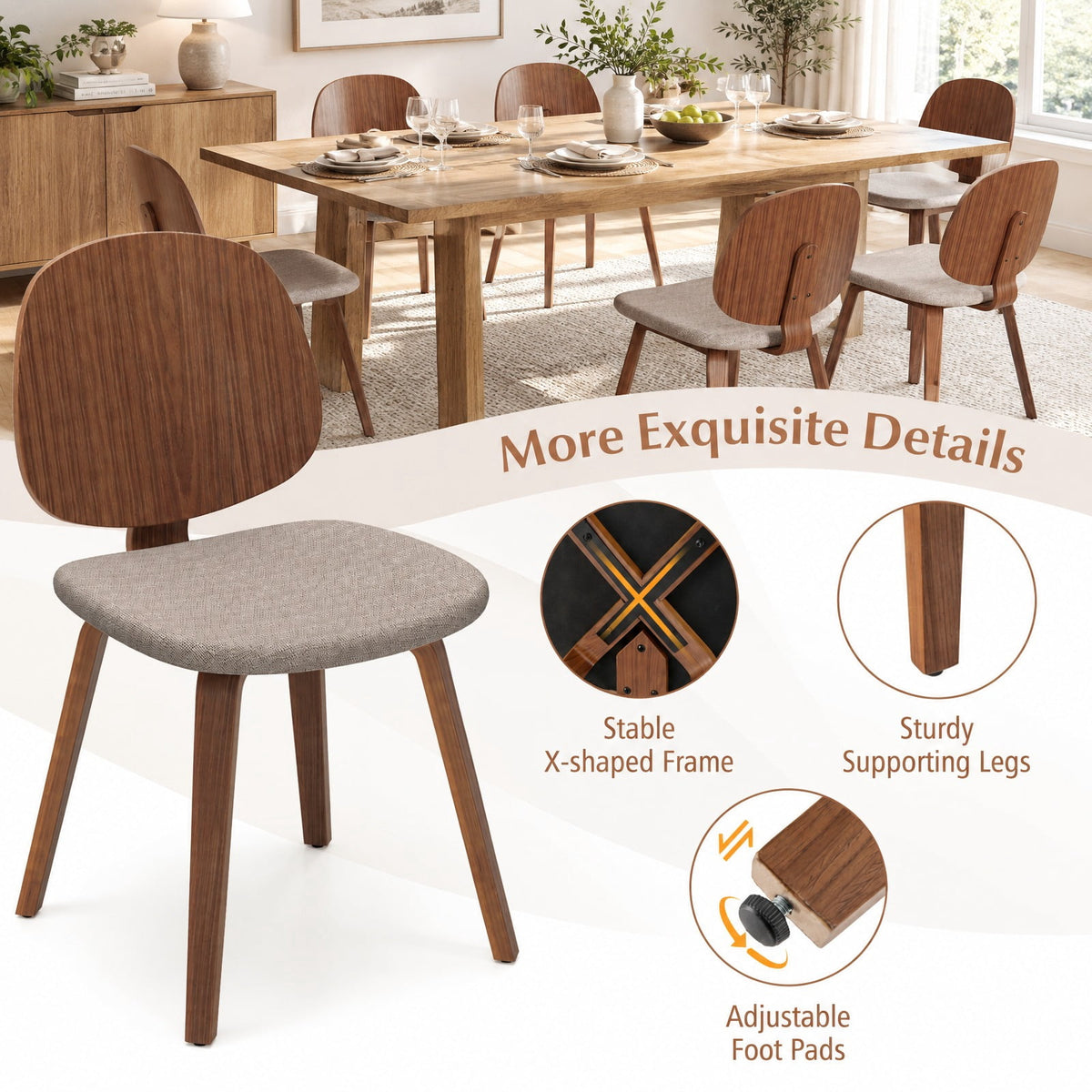 Airfind Wooden Dining Chair Set of 2 with Bentwood Frame and Padded Seat, 330 lbs Capacity, Bentwood Frame, 19in x 20in x 32in Footprint, Walnut