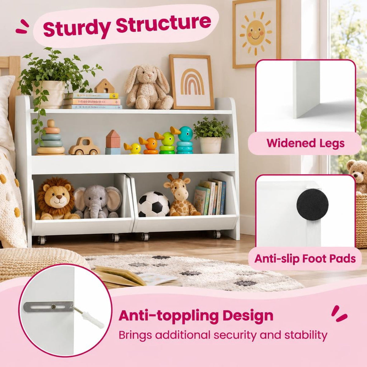 Airfind Kids Toy Storage Organizer Wooden Bookcase with 2 Movable Drawers, 176 lbs Capacity, Engineered Wood Frame, for 3+ Years Old Total, White