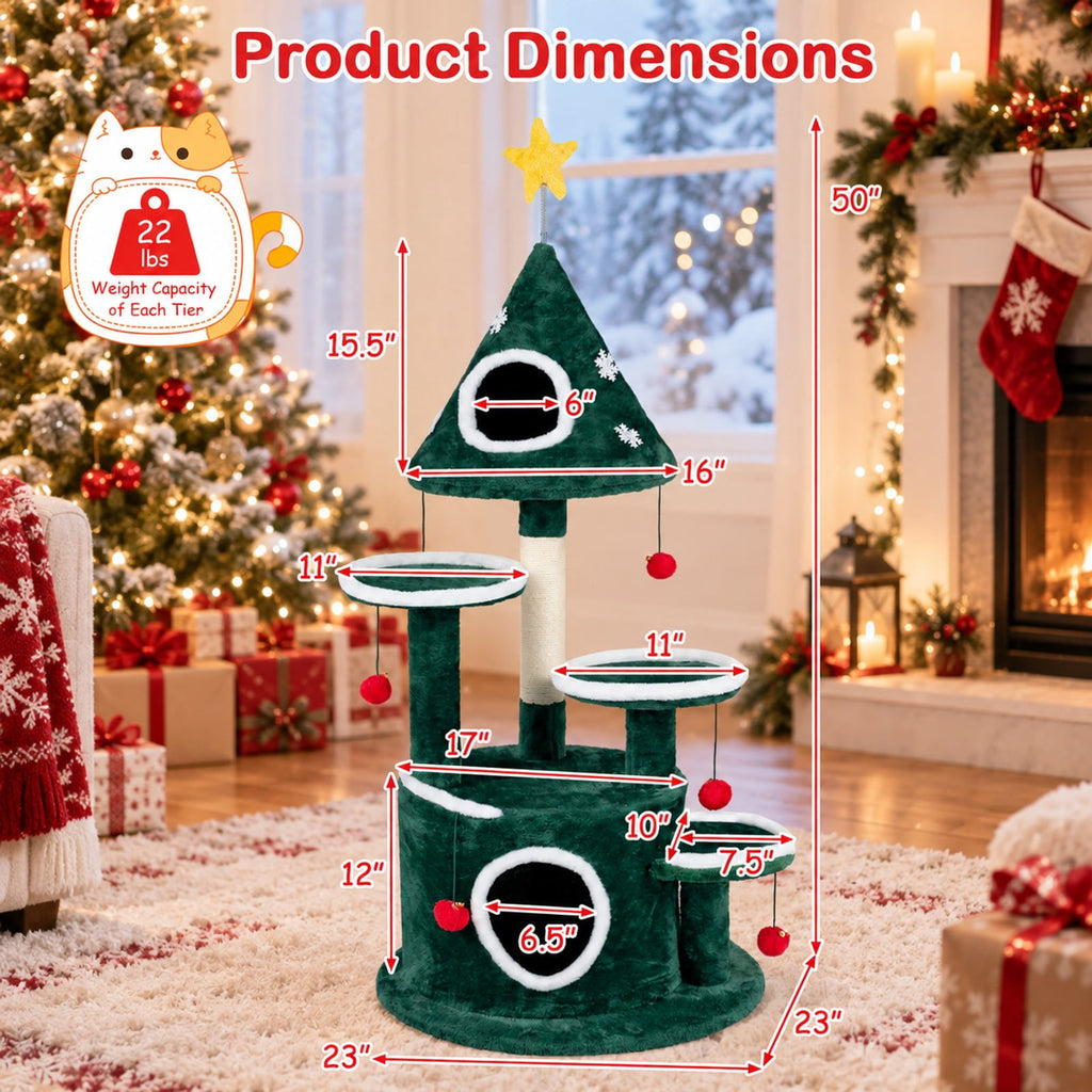 Airfind 50in Christmas Cat Tree with 2 Condos and Sisal Scratching Post, Green, Star-shaped spring toy for extra entertainment