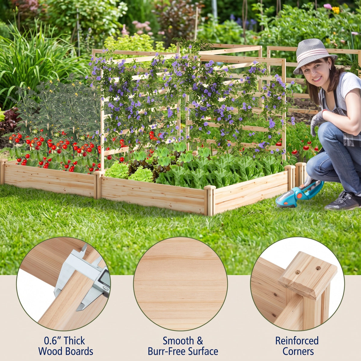 Airfind Raised Garden Bed with 2 Planter Boxes and 3 Trellis, Trellis 22 lbs Capacity, Fir Wood Frame, Natural