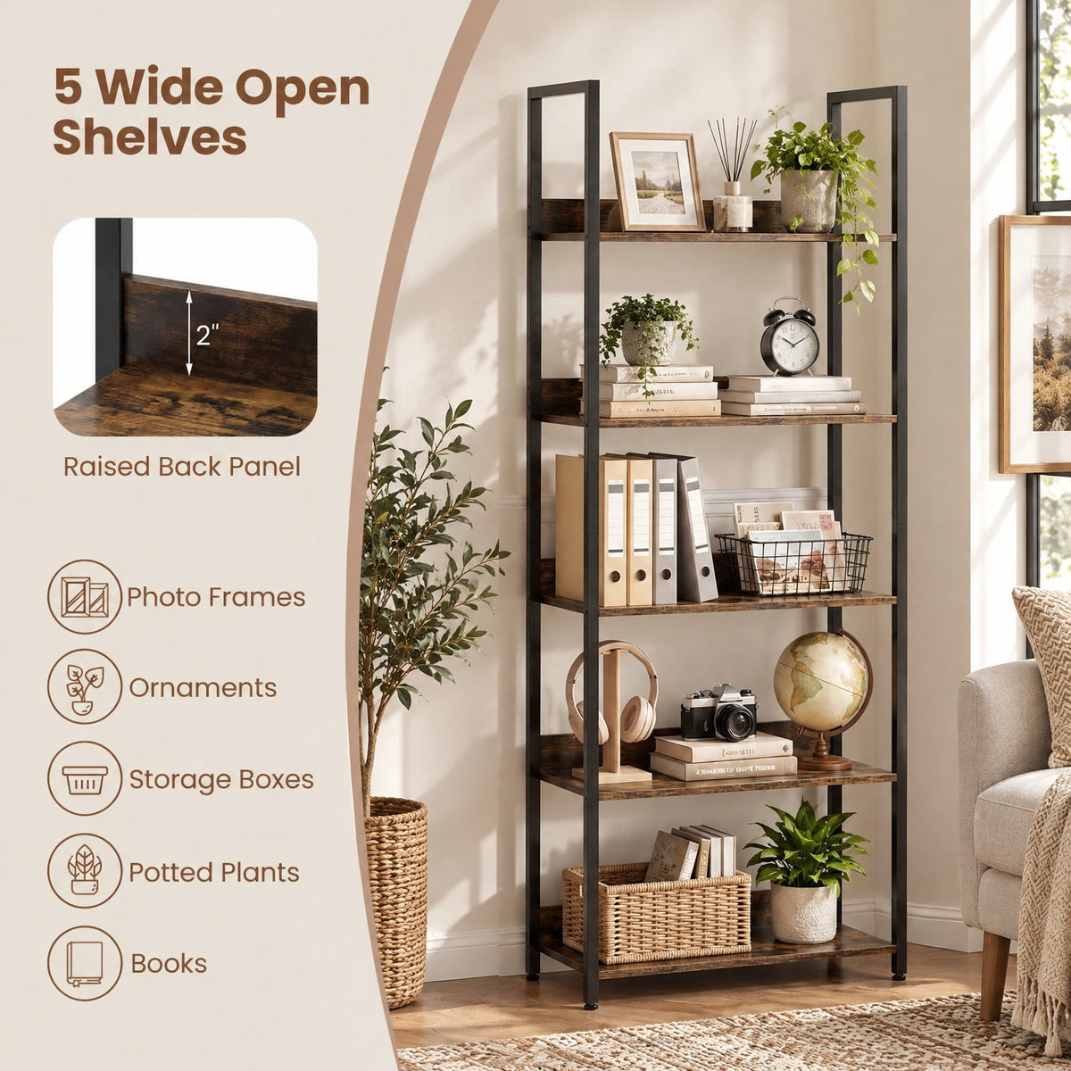 Airfind Bookshelf, 5-Tier, Tall Wooden Open Bookcase with Back Panels, 33 lbs Capacity, Engineered Wood Metal Frame, 24 Inch x 12 Inch x 61 Inch Footprint, Brown