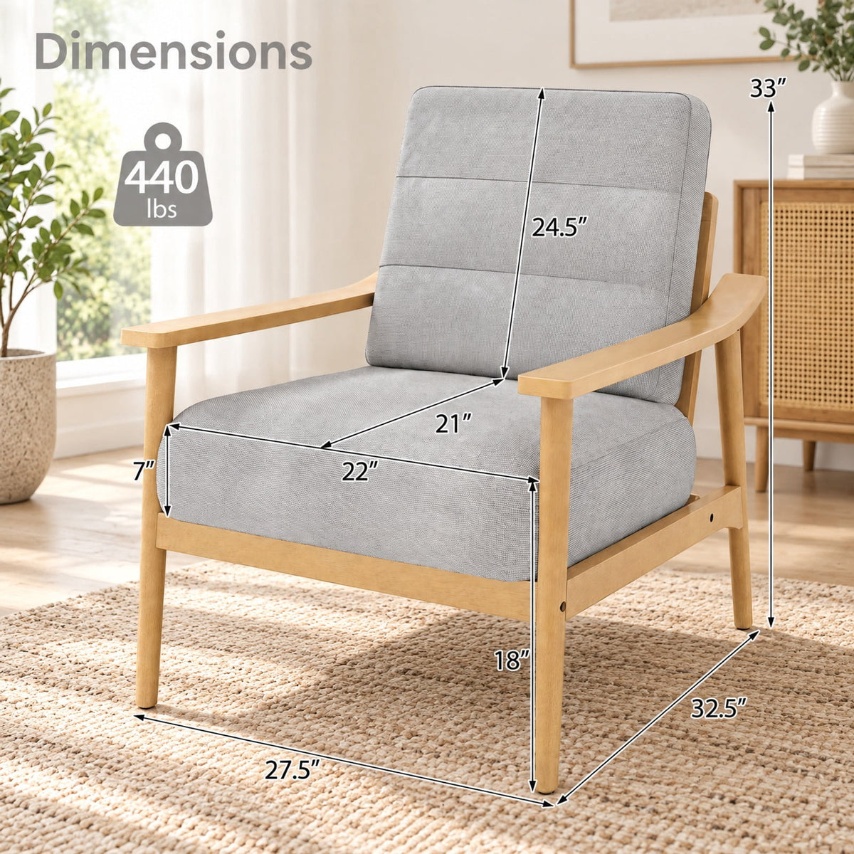 Airfind Modern Accent Chair with Rubber Wood Armrests and Legs for Living Room, 440 lbs Capacity, Natural