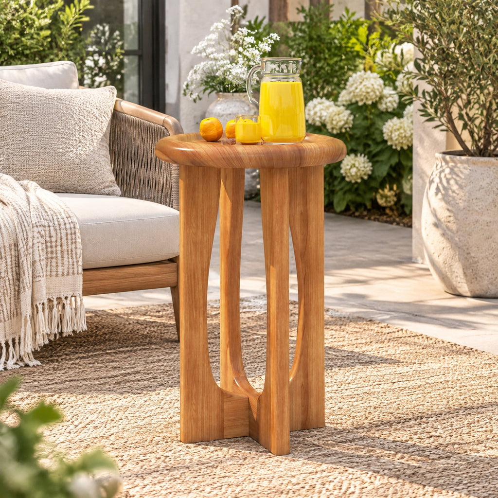 Airfind 14 Inch Farmhouse End Table with Round Tray Top and Wood Cross Legs, 110 lbs Capacity, Mahogany Wood Frame, 14 x 14 x 23.5 Footprint