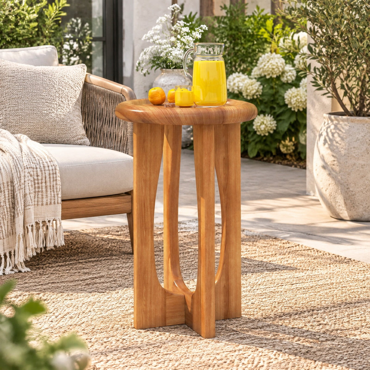 Airfind 14 Inch Farmhouse End Table with Round Tray Top and Wood Cross Legs, 110 lbs Capacity, Mahogany Wood Frame, 14 x 14 x 23.5 Footprint