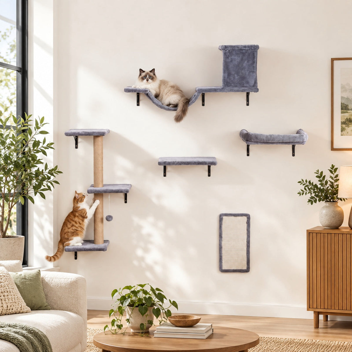 Airfind 5-in-1 Cat Wall Shelves with Condo Bridge Perch Platform Scratching Post and Board for Indoor, 22 lbs Capacity, Gray