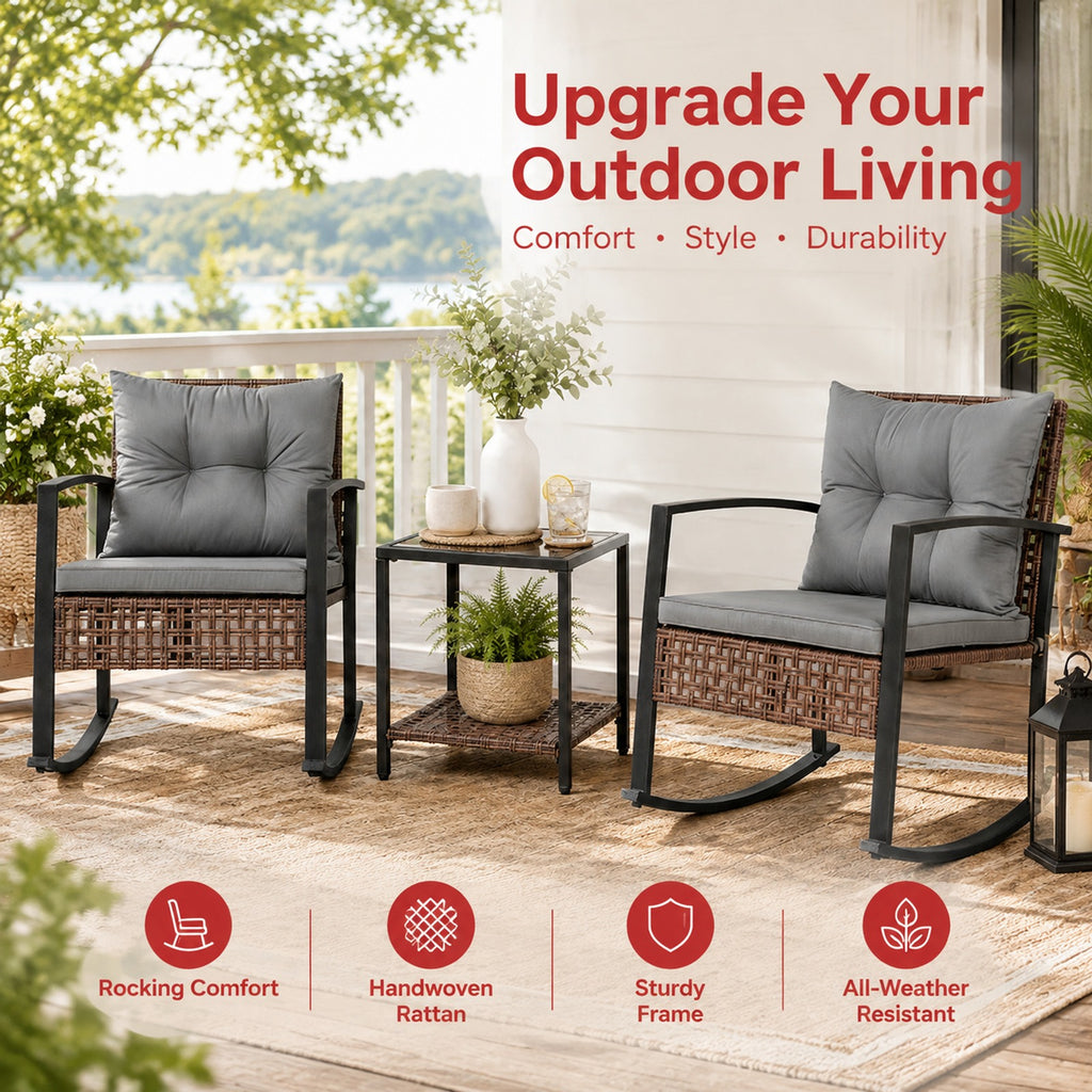 Airfind 3-Piece Outdoor Rocking Chair Set, 100 lbs Capacity, PE Rattan Metal Glass Polyester Non-woven Fabric Sponge Frame, Gray