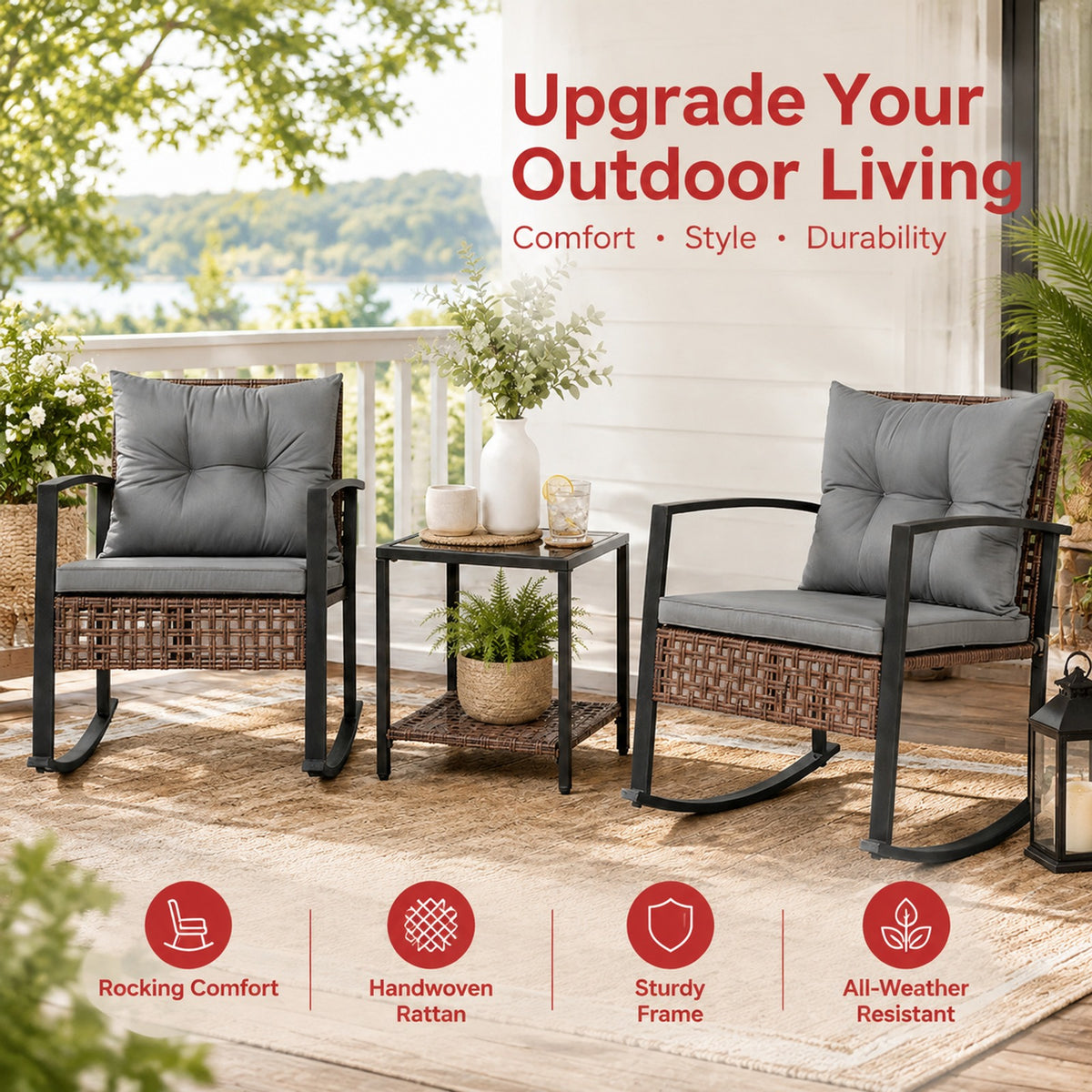 Airfind 3-Piece Outdoor Rocking Chair Set, 100 lbs Capacity, PE Rattan Metal Glass Polyester Non-woven Fabric Sponge Frame, Gray