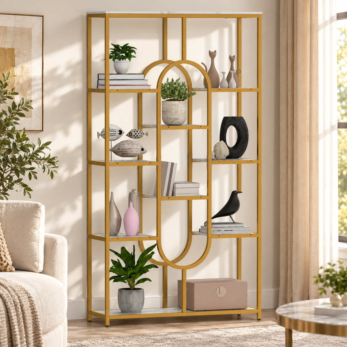 Airfind 5-Tier Tall Etagere Bookcase with Open Storage Shelves, 88 lbs Capacity, Metal Engineered Wood Frame, White