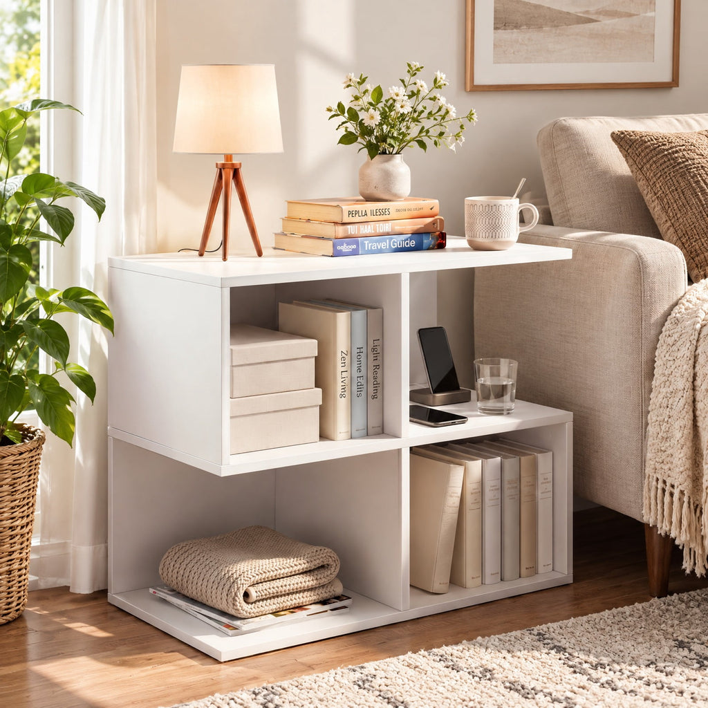 Airfind 3-Tier Modern S-shaped End Table with 4 Storage Cubes, 88 lbs Capacity, Engineered Wood Frame, 24 x 11.5 x 17 Footprint, White