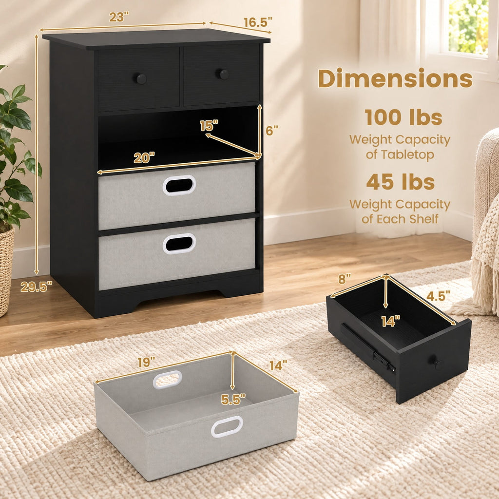 Airfind 4-Drawer Dresser Modern Chest Storage Organizer with Open Shelves, 100 lbs Capacity, Engineered Wood MDF Fabric Frame, Black