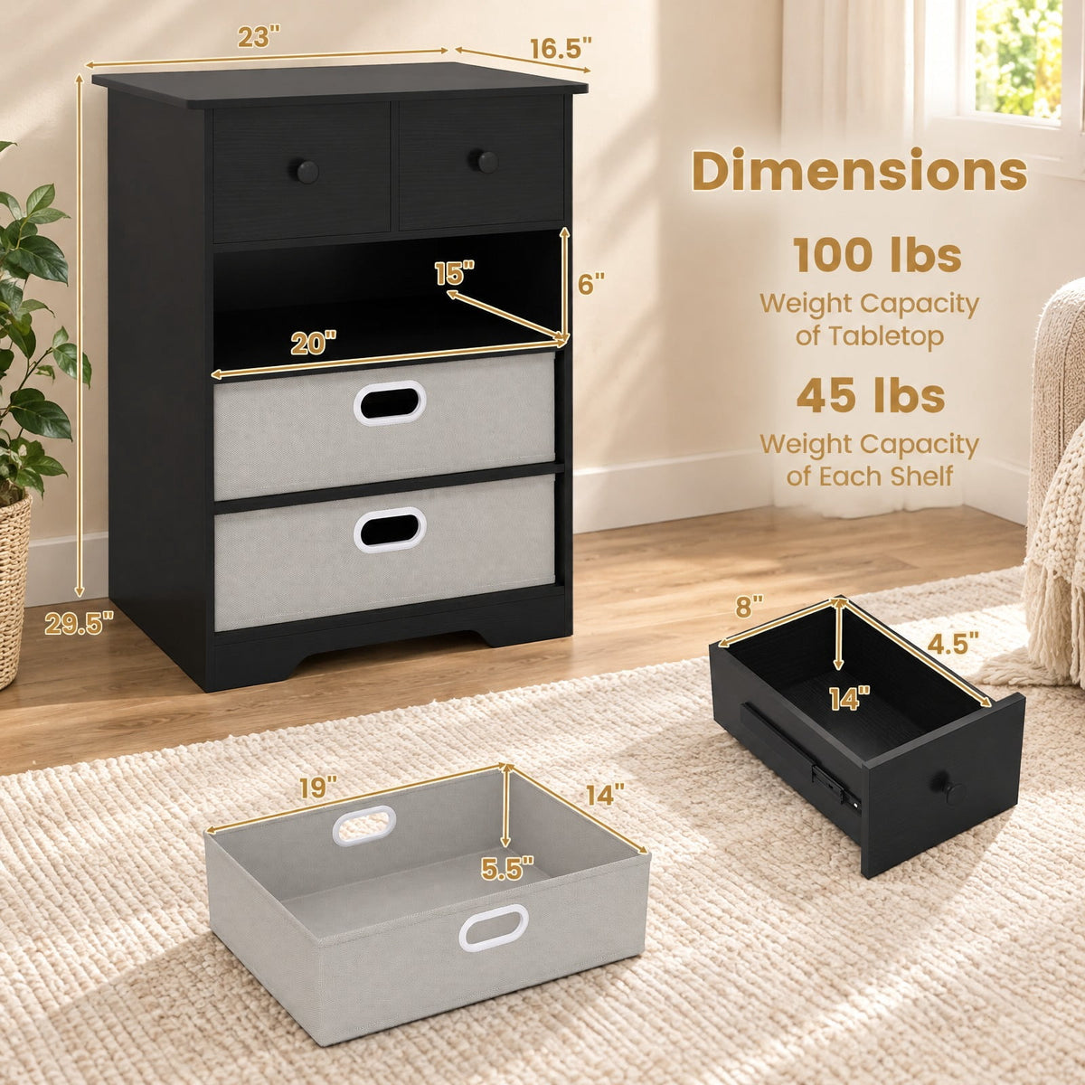 Airfind 4-Drawer Dresser Modern Chest Storage Organizer with Open Shelves, 100 lbs Capacity, Engineered Wood MDF Fabric Frame, Black