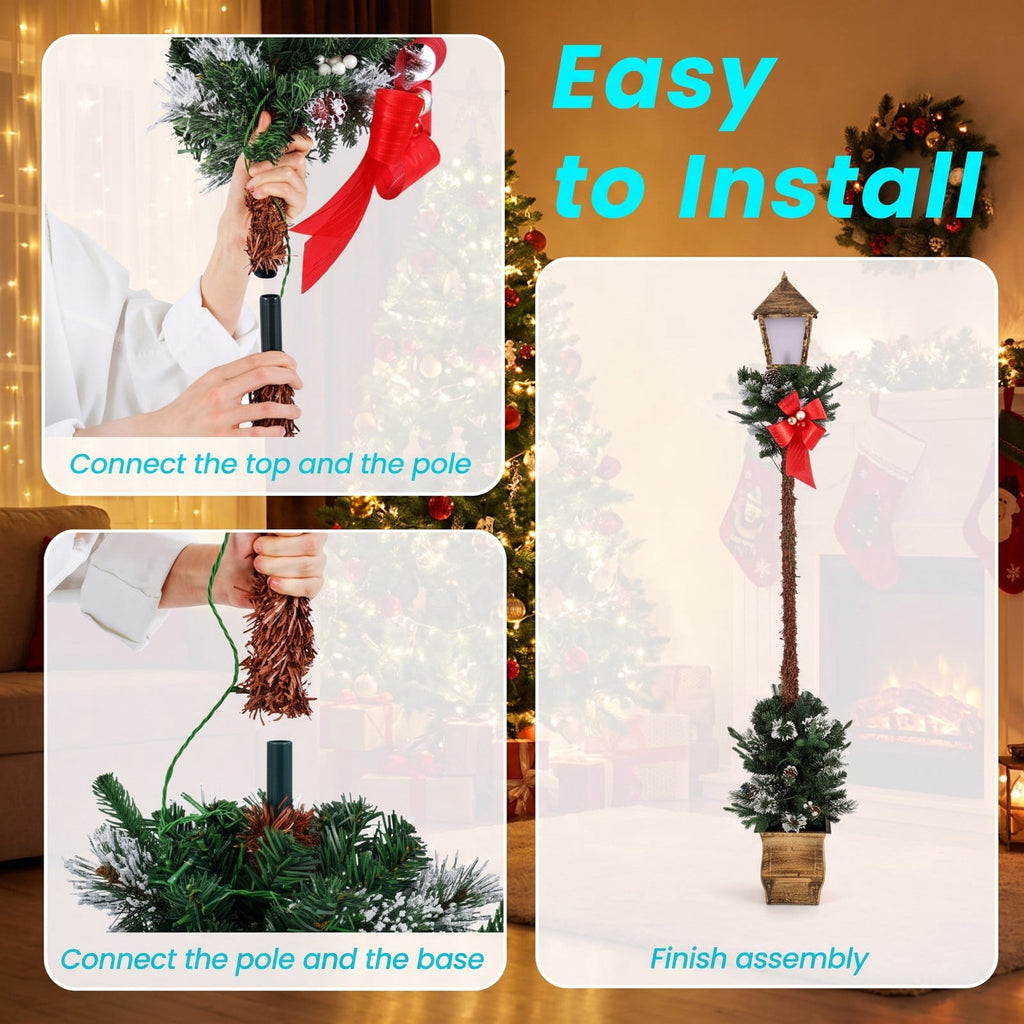 Airfind 6.1 Feet Christmas Pre-lit Street Lamp with Artificial Greenery and Snow-flocked Branch Tips, Metal Plastic Frame, 9in x 9in x 6.1ft Footprint