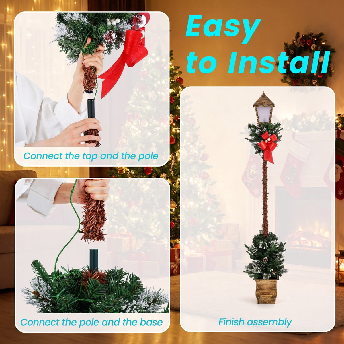 Airfind 6.1 Feet Christmas Pre-lit Street Lamp with Artificial Greenery and Snow-flocked Branch Tips, Metal Plastic Frame, 9in x 9in x 6.1ft Footprint
