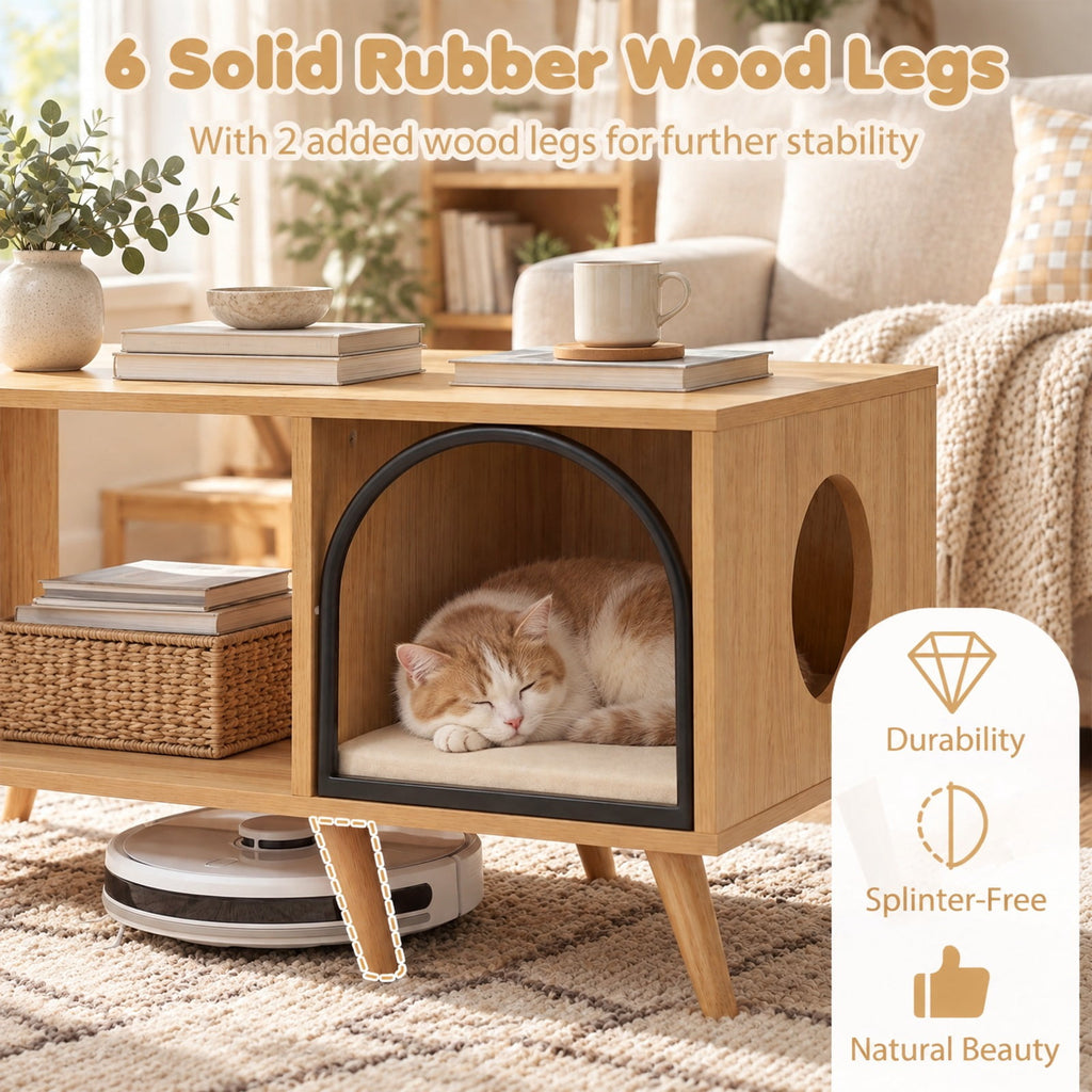 Airfind 40 Inch Coffee Table Cat House 2-in-1 Wooden Kitten Furniture with Open Storage Shelf, 88 lbs Capacity, 40 x 20 x 18 Footprint, Natural