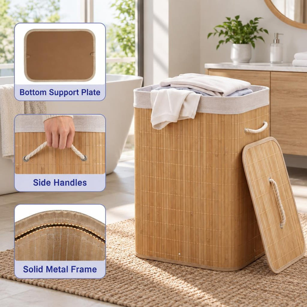 Airfind 19 Gal Bamboo Clothes Hamper with Removable Liner and Portable Handles, 33 lbs Capacity, Bamboo Polyester Cotton Metal Engineered Wood Frame