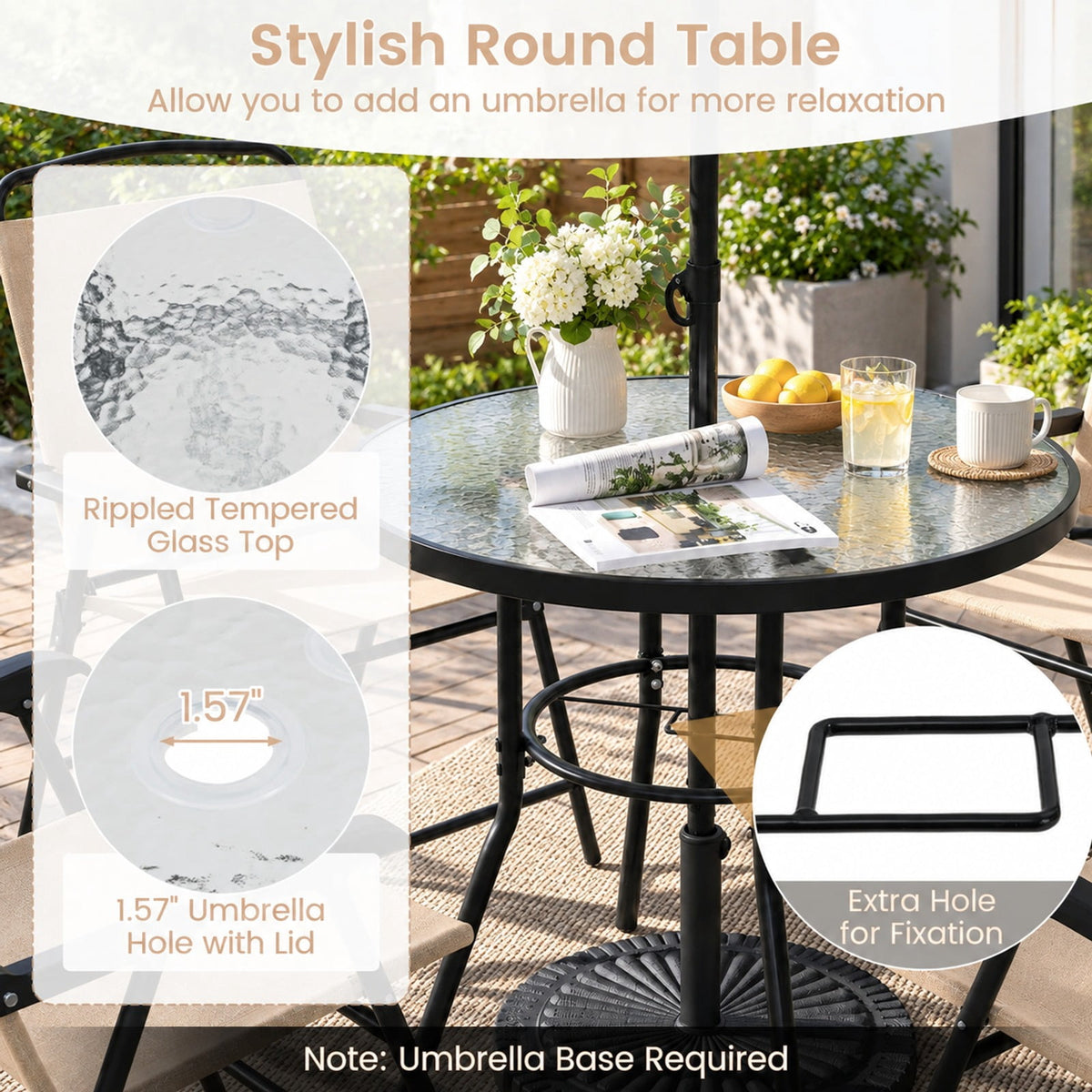 Airfind 6 Pieces Patio Dining Set with Umbrella and 4 Folding Armchairs, 165 lbs Capacity, Metal Fabric Frame, 23 x 21.5 x 34 Footprint, Beige