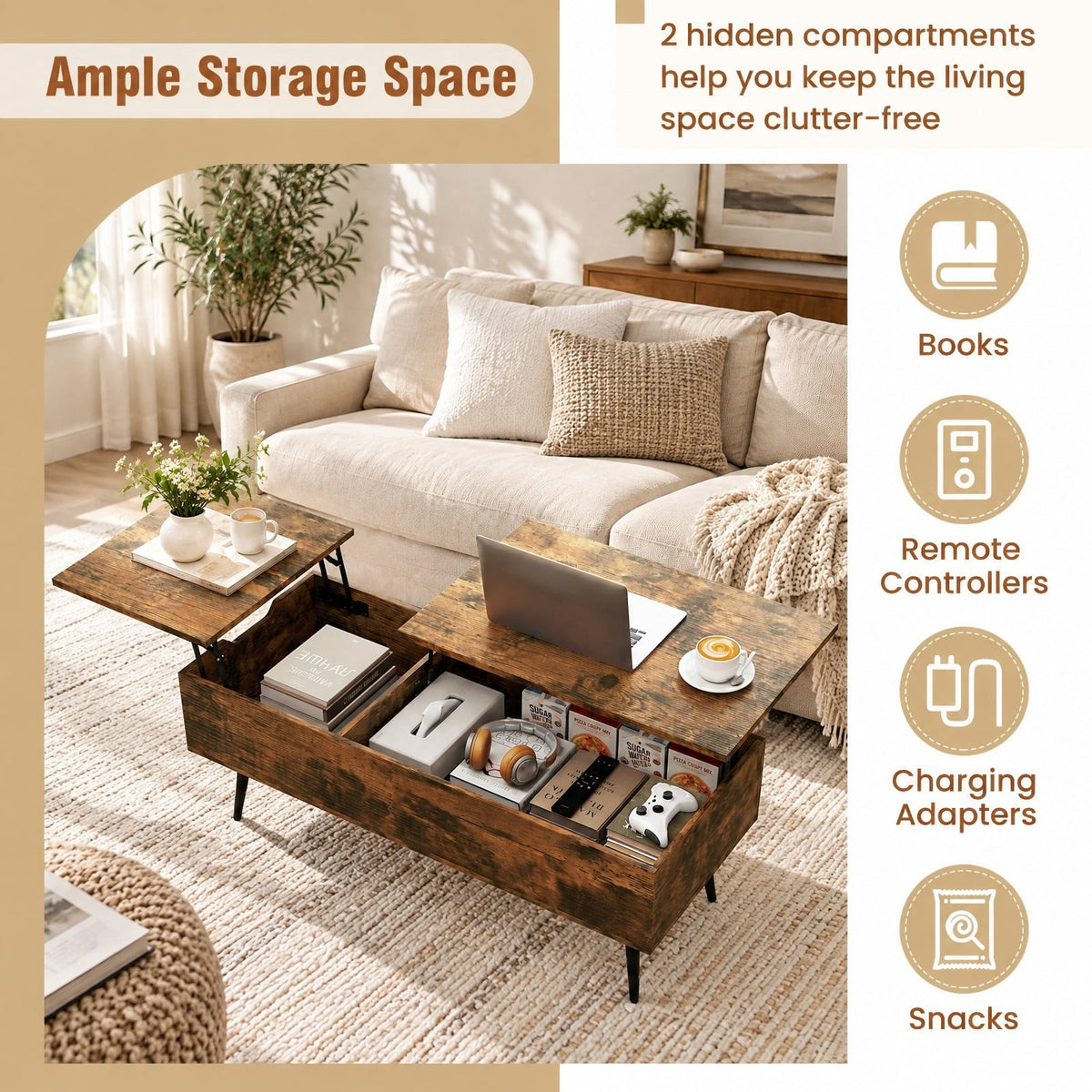 Airfind 47 Inch Lift Top Coffee Table with 2 Hidden Compartments, P2 Engineered Wood Solid Wood Steel Frame, Coffee