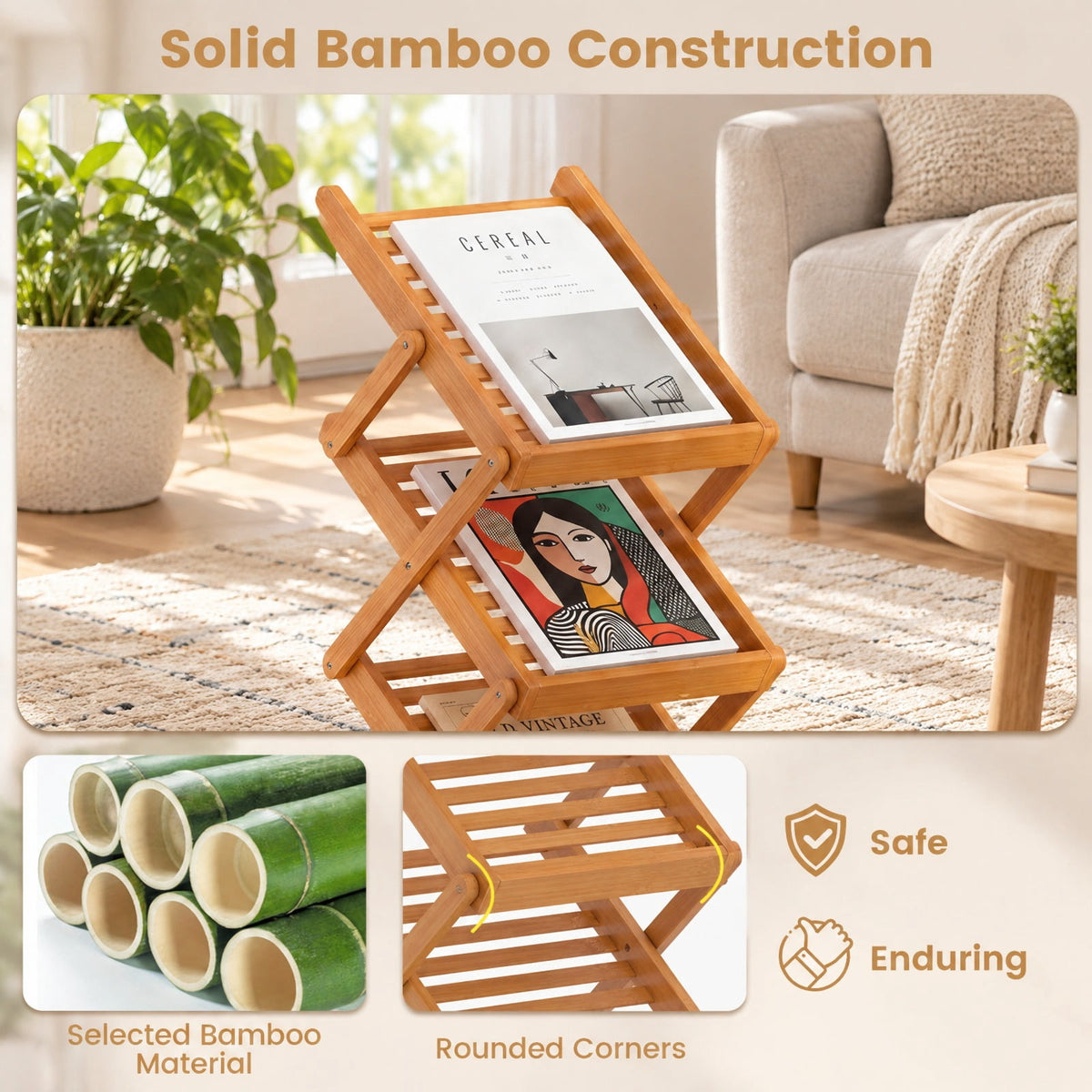 Airfind Foldable Bamboo Magazine Rack with 2 Adjustable Positions, 33 lbs Capacity, Bamboo Frame, 16 x 14 x 39.5 Footprint, Walnut
