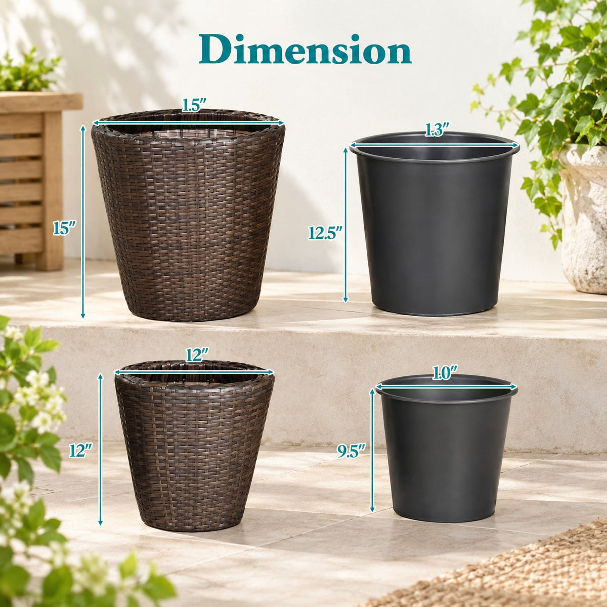 Airfind Set of 2 Plastic Taper Rattan Planters with Drainage Holes and Saucers, PP Frame, 15 x 15 x 15 Footprint, Brown