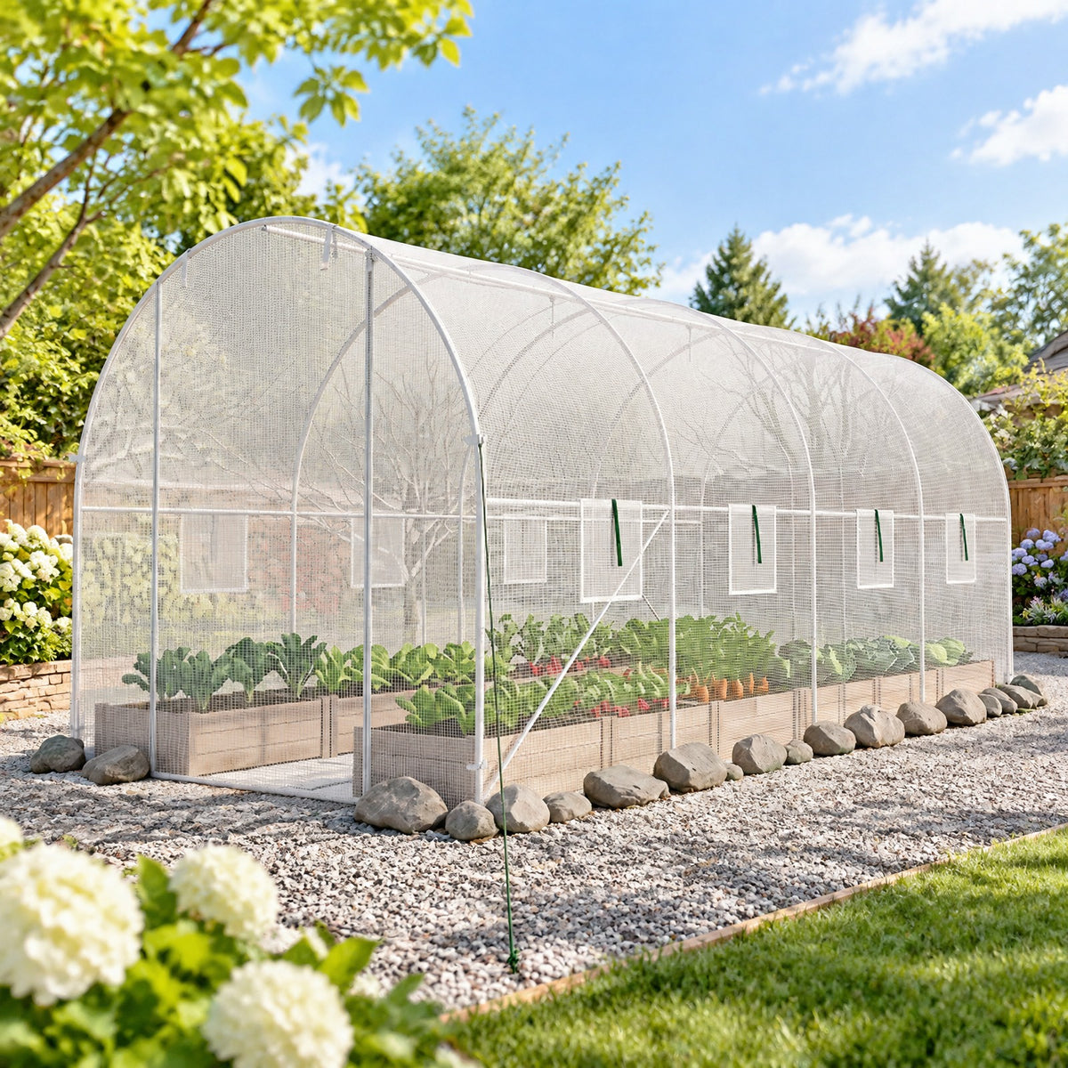 Airfind 15 x 7 x 7 ft Walk-in Tunnel Greenhouse with Watering System, Galvanized Steel Frame, 15 x 7 x 7 ft Footprint, White