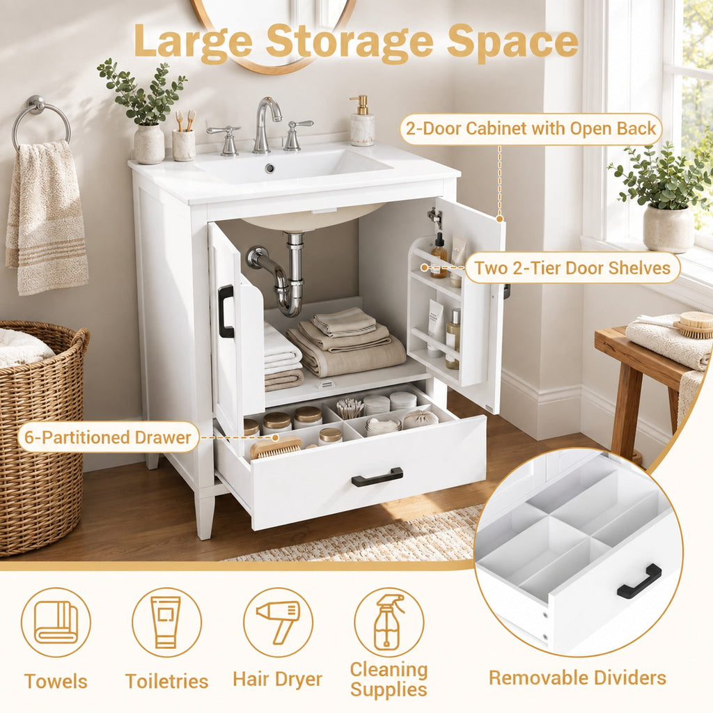 Airfind 24.5 Modern Bathroom Vanity with Sink 2 Doors and Drawer, 24.5 x 18.5 x 34Sink Footprint, White