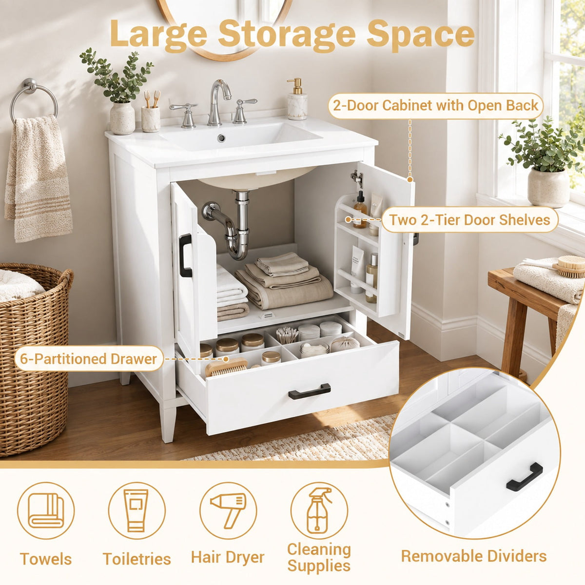Airfind 24.5 Modern Bathroom Vanity with Sink 2 Doors and Drawer, 24.5 x 18.5 x 34Sink Footprint, White