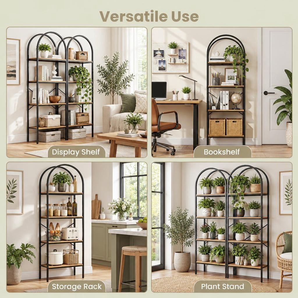 Airfind 71 Inch Tall Arched Bookcase 4-Tier with Storage Shelves and Metal Frame for Home Office-Brown and Black, 44 lbs Capacity, Metal Frame, Brown