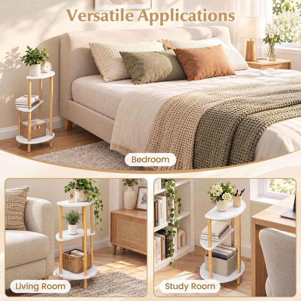 Airfind Set of 2 Round Side Table Compact with 3-Tier Shelves and Bamboo Construction, 11 lbs Capacity, Bamboo Frame, White