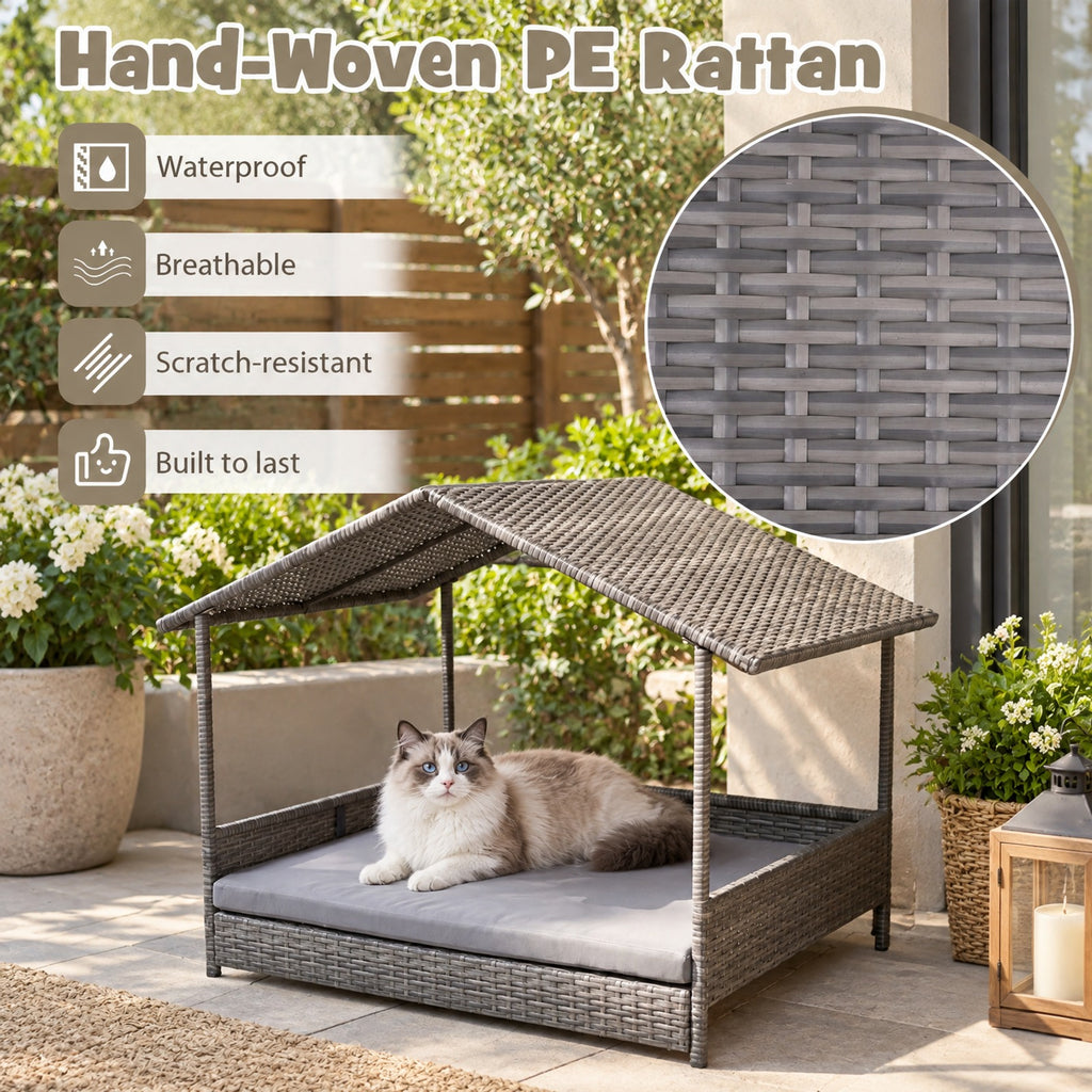 Airfind Wicker Dog House Elevated PE Rattan Dog Bed with Canopy, 165 lbs Capacity, PE Rattan Metal Polyester Fabric Sponge Frame, Gray