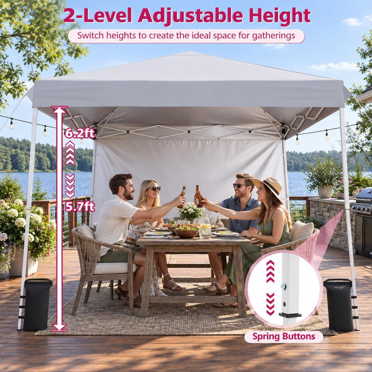 Airfind 9 ft x 9 ft Pop Up Canopy Tent with 8 Ground Stakes 4 Wind Ropes and Carry Bag for Outdoor Party, Metal Oxford Cloth PP Frame, White