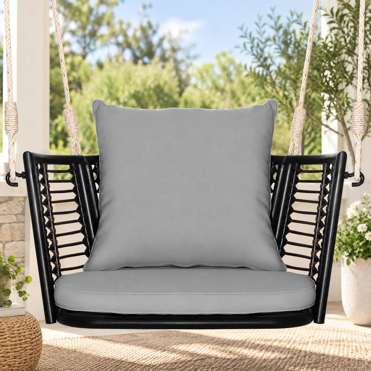 Airfind Single Person Hanging Seat with Woven Rattan Backrest for Backyard, 400 lbs Capacity, 30.5 x 24.5 x 15 Suitable Hanging Footprint, Gray