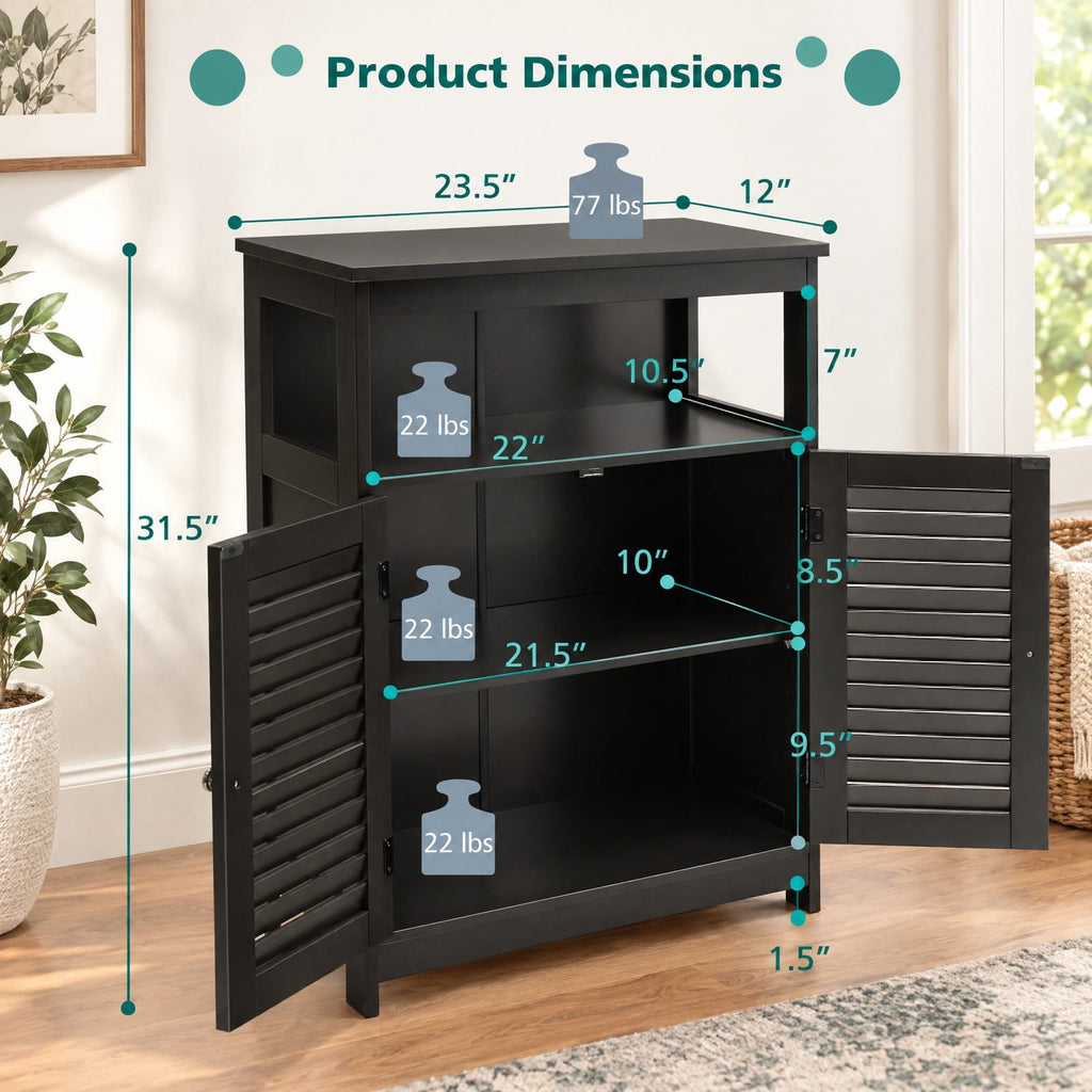 Airfind Wood Freestanding Bathroom Storage Cabinet with Double Shutter Door, 77 lbs Capacity, P2 MDF Frame, 23.5in x 12in x 31.5in Footprint, Black