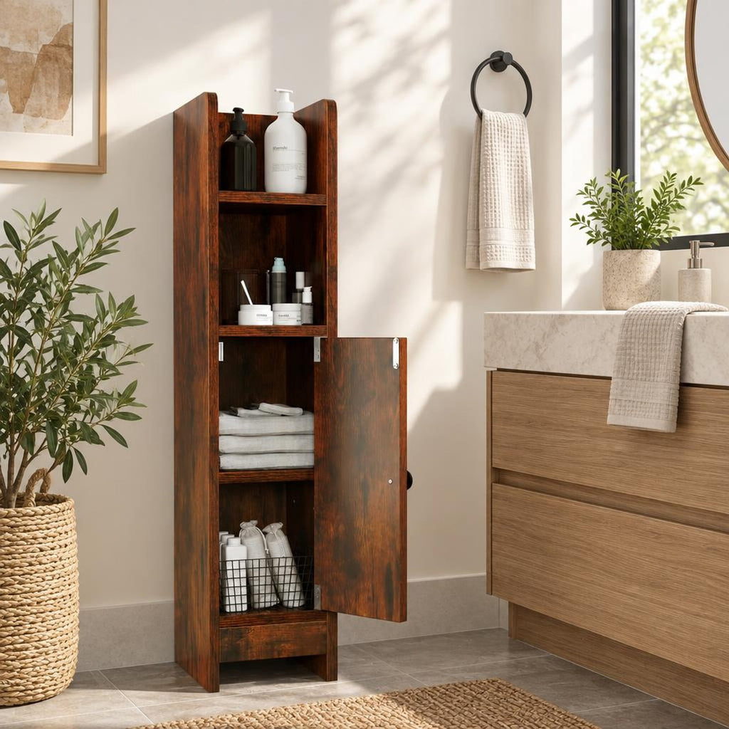 Airfind Bathroom Slim Cabinet Corner with Door and Adjustable Shelf, 44 lbs Capacity, Engineered Wood Frame, Brown