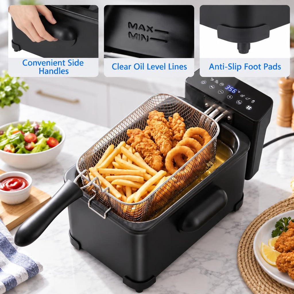 Airfind 3.2-Qt Electric Deep Fryer featuring 1700W LED Touch Screen and Enamel Oil Tank, Stainless Steel PP Enamel Frame, Black