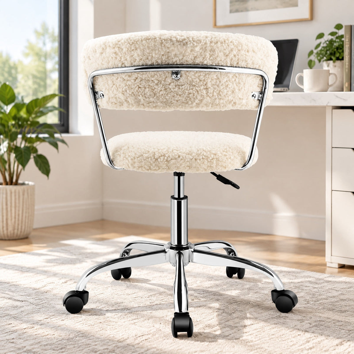 Airfind Computer Desk Chair Adjustable Sherpa Office Chair Swivel Vanity Chair, 330 lbs Capacity, Sherpa plywood sponge steel Frame, White